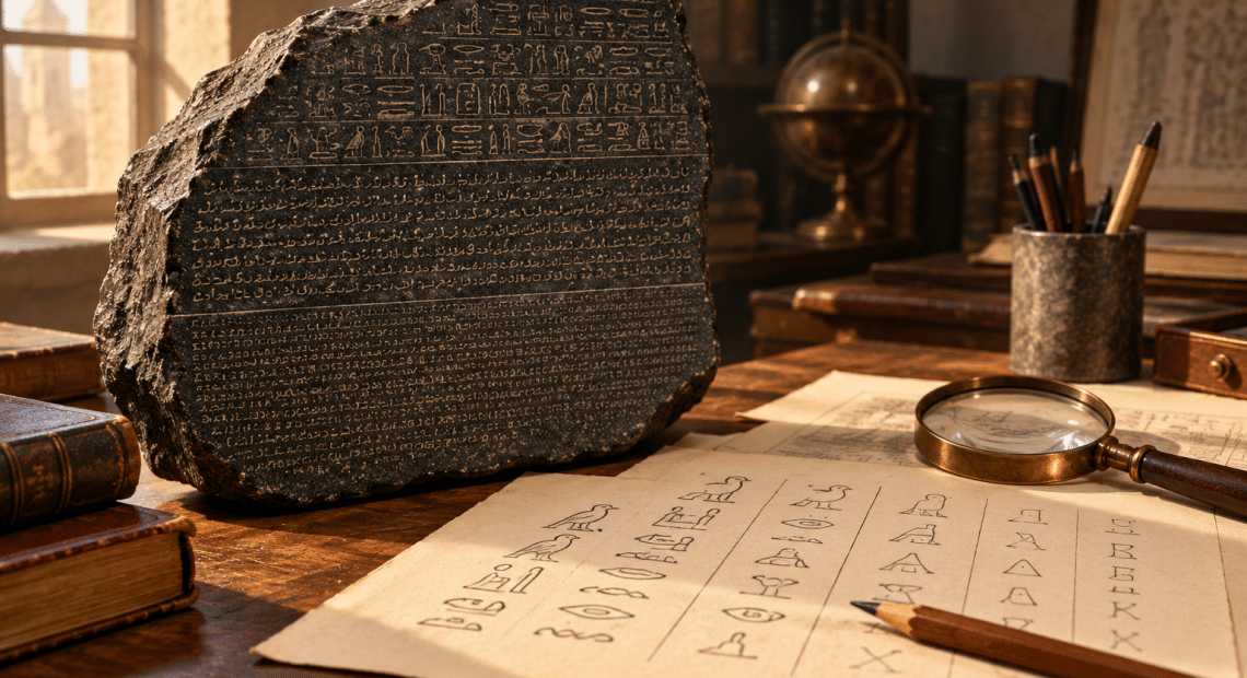 An imagined study scene with a broken inscribed stone, comparative notes, a pencil and a magnifying lens.