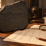 An imagined study scene with a broken inscribed stone, comparative notes, a pencil and a magnifying lens.