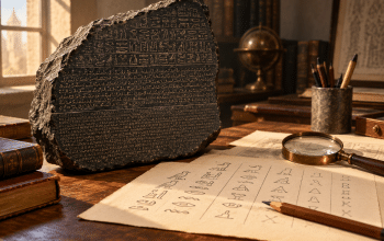 An imagined study scene with a broken inscribed stone, comparative notes, a pencil and a magnifying lens.
