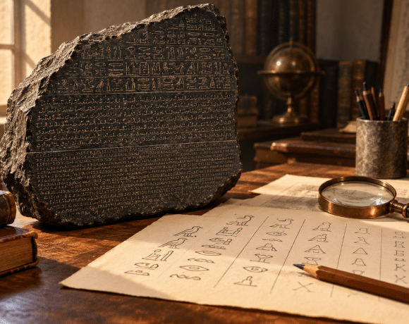An imagined study scene with a broken inscribed stone, comparative notes, a pencil and a magnifying lens.
