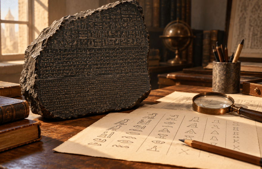 An imagined study scene with a broken inscribed stone, comparative notes, a pencil and a magnifying lens.