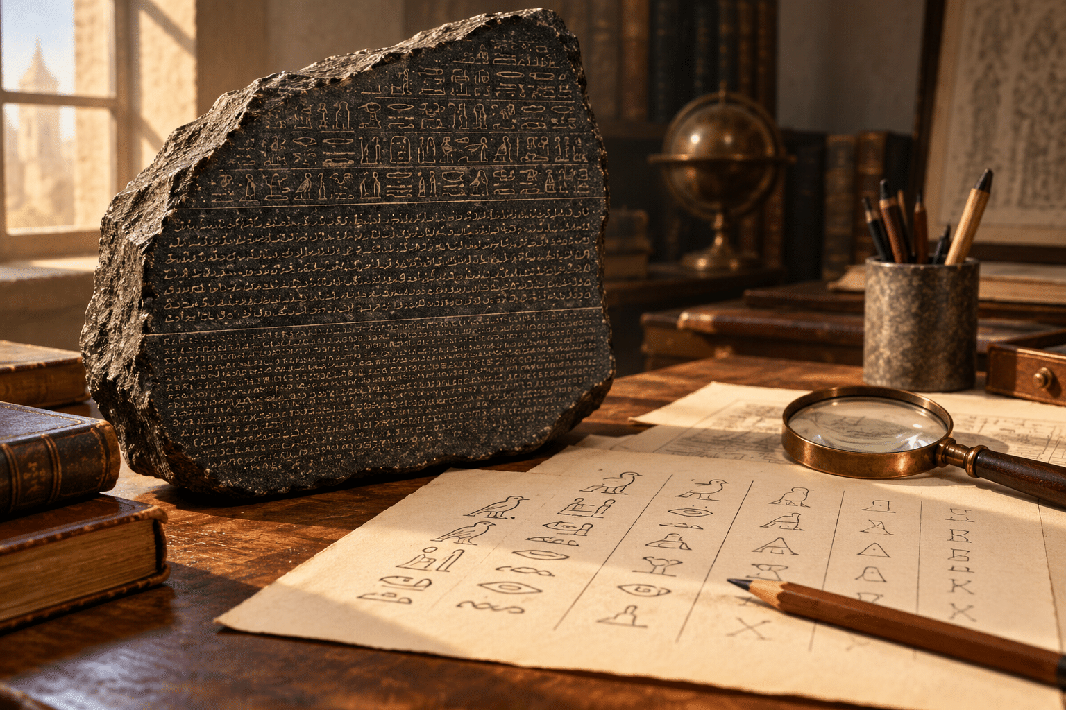An imagined study scene with a broken inscribed stone, comparative notes, a pencil and a magnifying lens.