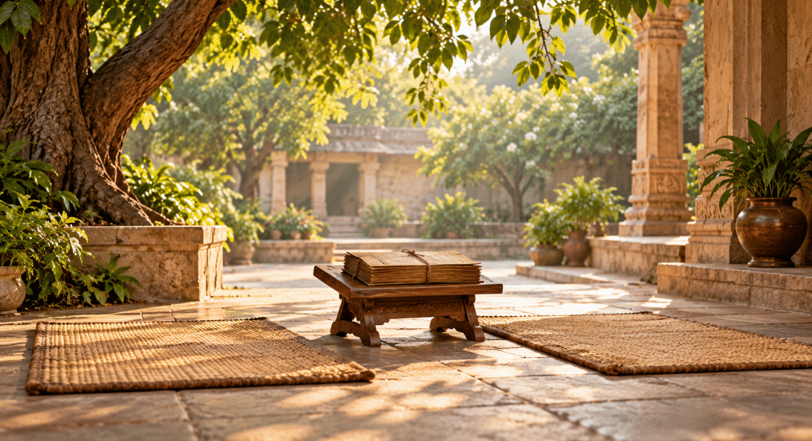 Two woven mats and a closed unmarked manuscript bundle in an imagined Indian courtyard