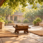 Two woven mats and a closed unmarked manuscript bundle in an imagined Indian courtyard
