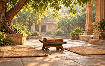 Two woven mats and a closed unmarked manuscript bundle in an imagined Indian courtyard