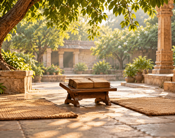 Two woven mats and a closed unmarked manuscript bundle in an imagined Indian courtyard