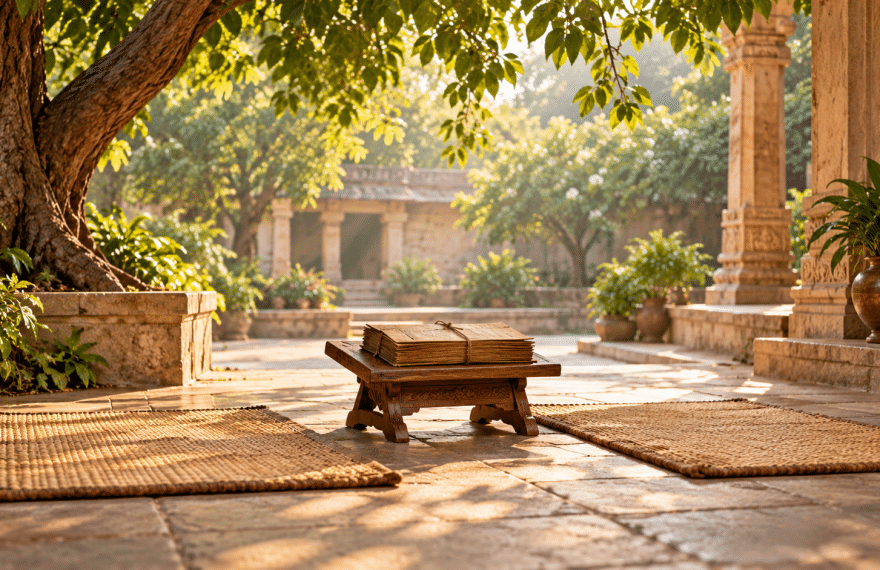 Two woven mats and a closed unmarked manuscript bundle in an imagined Indian courtyard