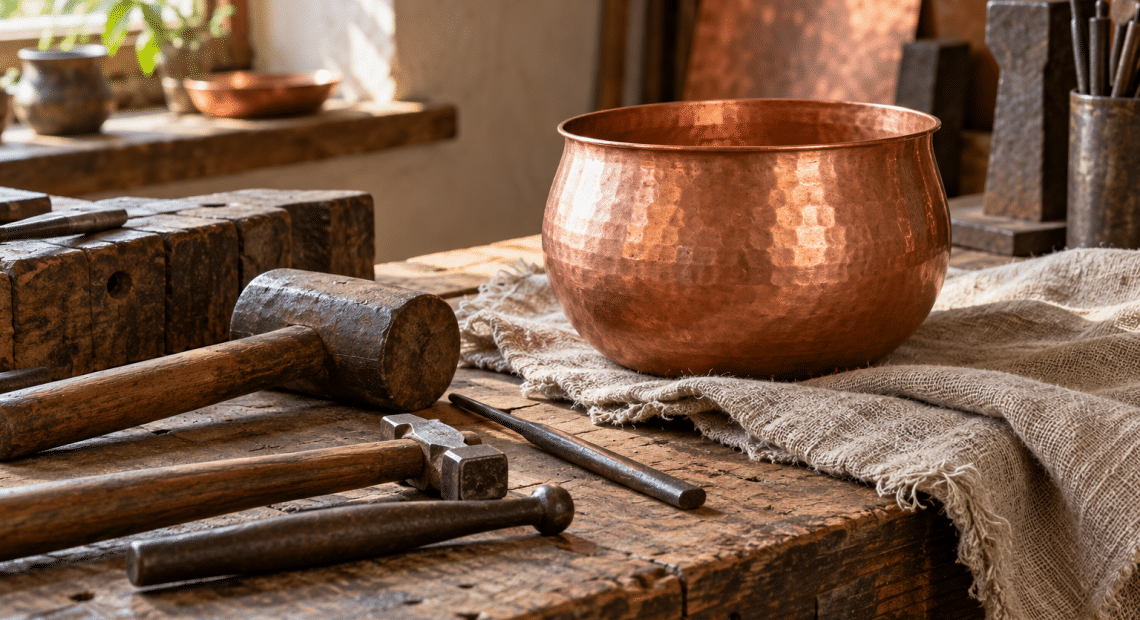 A copper vessel, shaping tools and linen on a sunlit wooden workbench.