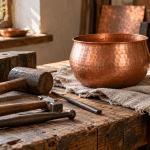 A copper vessel, shaping tools and linen on a sunlit wooden workbench.