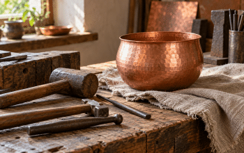 A copper vessel, shaping tools and linen on a sunlit wooden workbench.