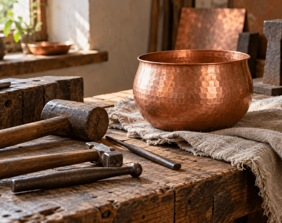 A copper vessel, shaping tools and linen on a sunlit wooden workbench.