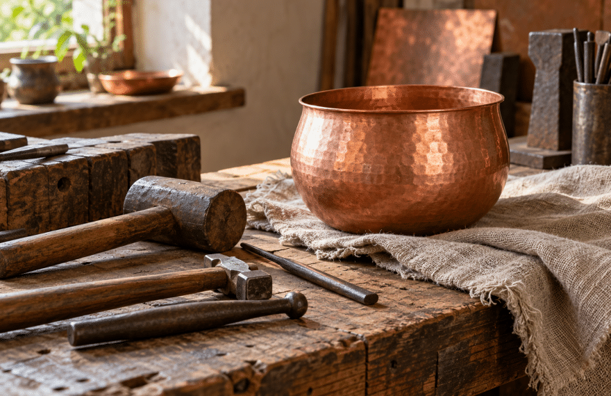 A copper vessel, shaping tools and linen on a sunlit wooden workbench.