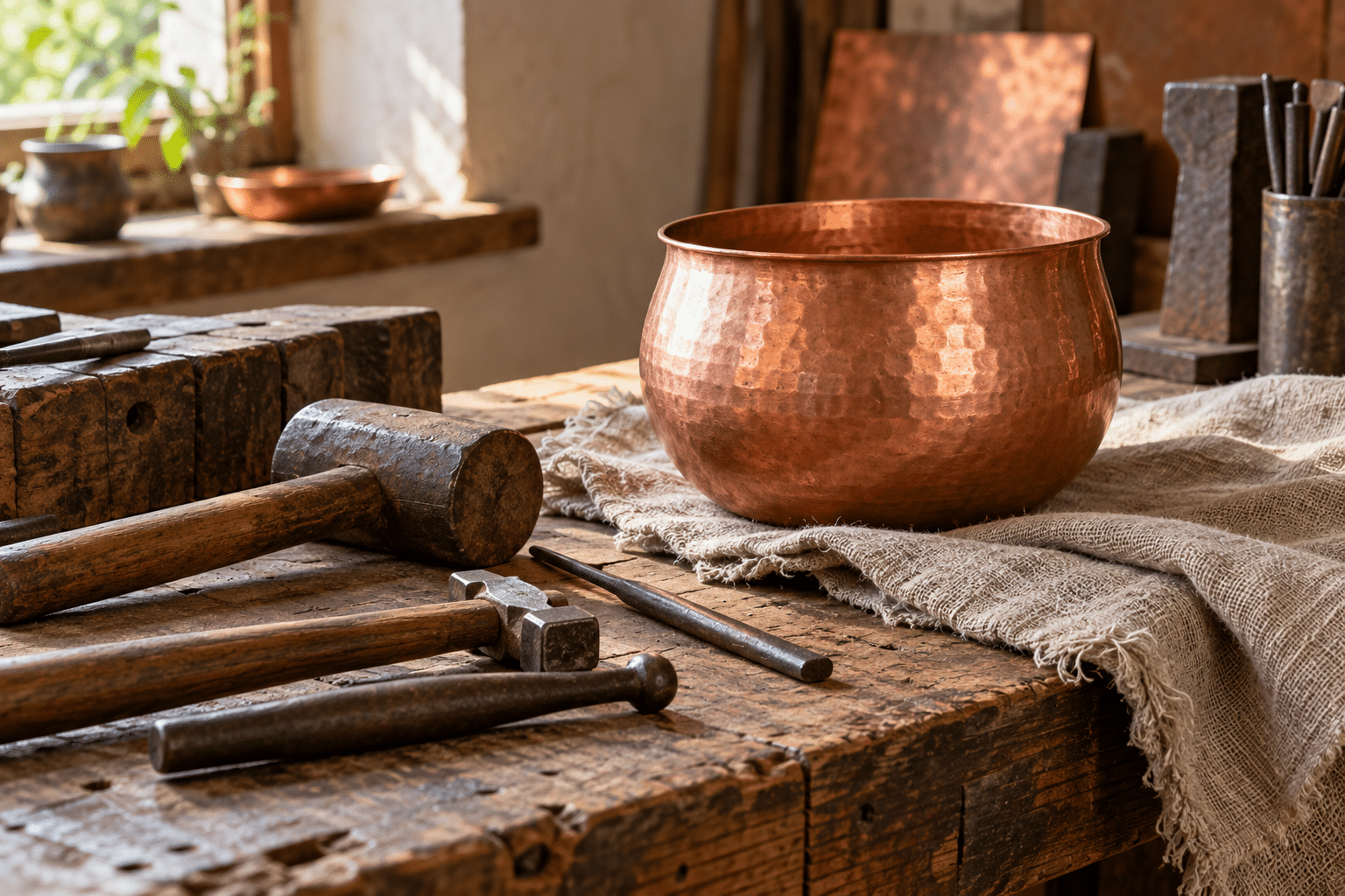 A copper vessel, shaping tools and linen on a sunlit wooden workbench.