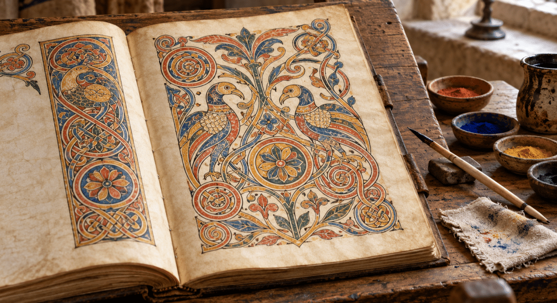 An invented illuminated manuscript with interlaced birds and spirals beside pens and pigment dishes.