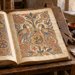 An invented illuminated manuscript with interlaced birds and spirals beside pens and pigment dishes.