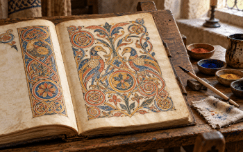 An invented illuminated manuscript with interlaced birds and spirals beside pens and pigment dishes.