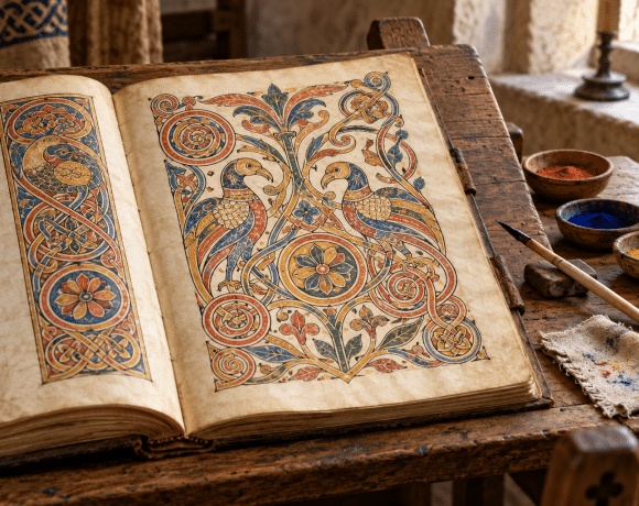 An invented illuminated manuscript with interlaced birds and spirals beside pens and pigment dishes.