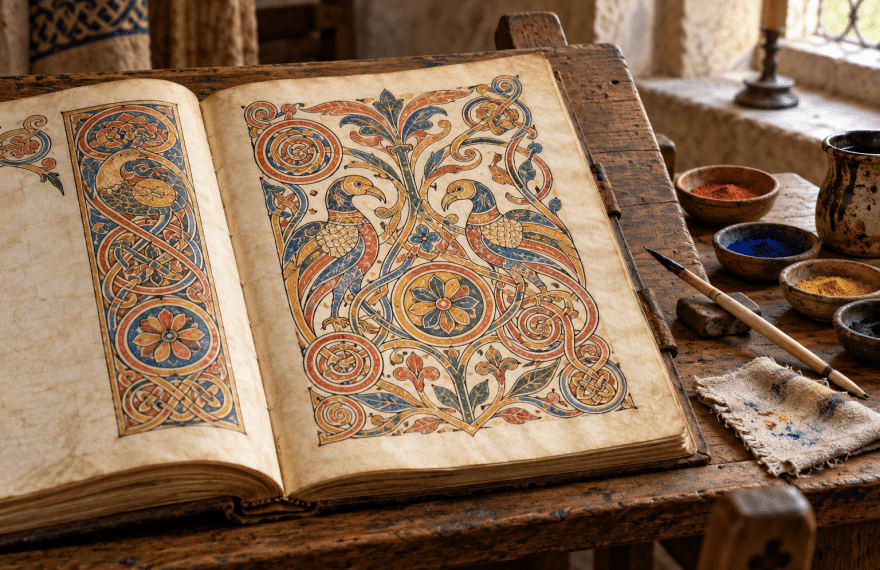 An invented illuminated manuscript with interlaced birds and spirals beside pens and pigment dishes.