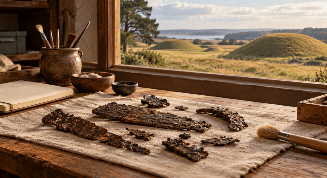 AI-assisted imagined conservation worktable with corroded iron fragments and grassy burial mounds beyond a window.
