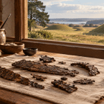 AI-assisted imagined conservation worktable with corroded iron fragments and grassy burial mounds beyond a window.