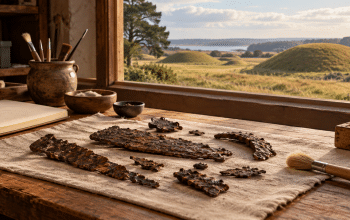 AI-assisted imagined conservation worktable with corroded iron fragments and grassy burial mounds beyond a window.