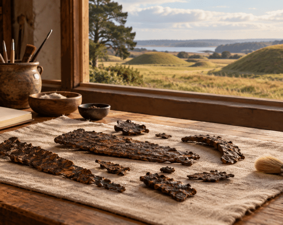 AI-assisted imagined conservation worktable with corroded iron fragments and grassy burial mounds beyond a window.