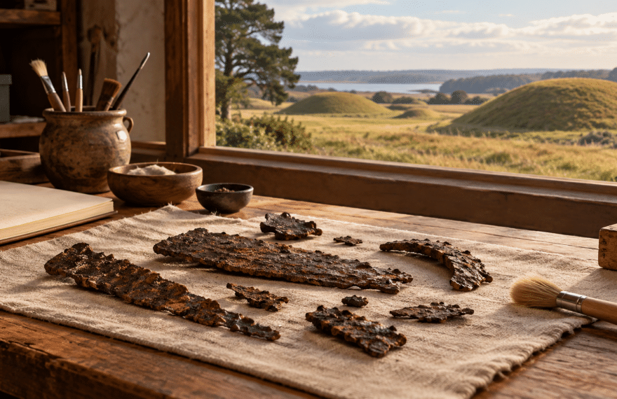 AI-assisted imagined conservation worktable with corroded iron fragments and grassy burial mounds beyond a window.