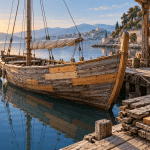 A wooden sailing boat with fresh replacement planks beside old boards on a quiet harbor dock.