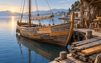 A wooden sailing boat with fresh replacement planks beside old boards on a quiet harbor dock.