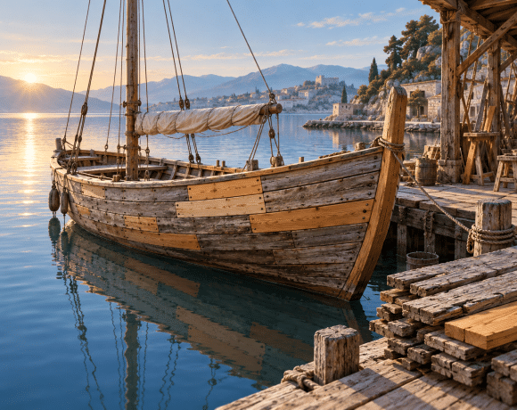 A wooden sailing boat with fresh replacement planks beside old boards on a quiet harbor dock.