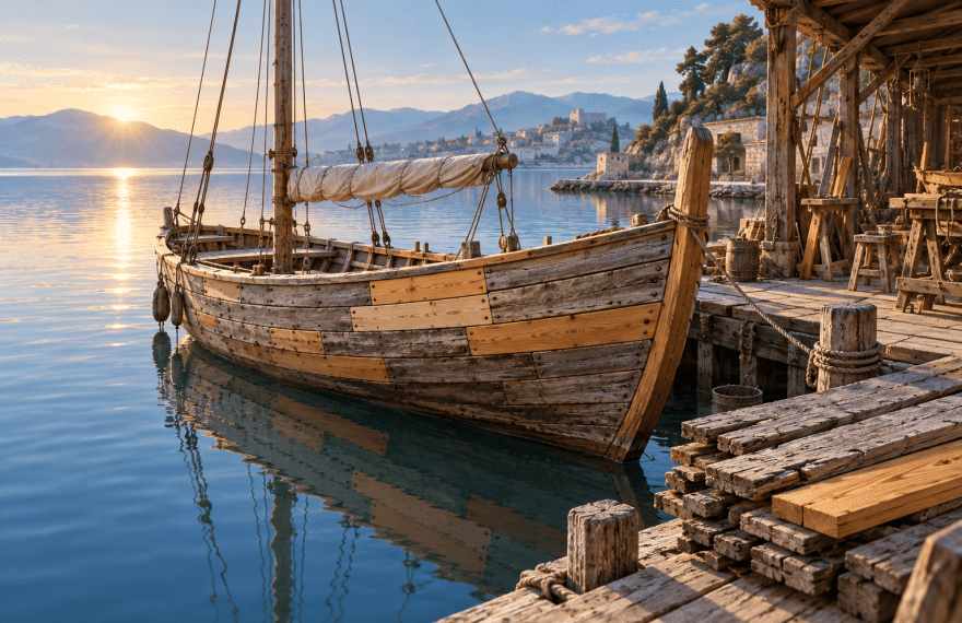 A wooden sailing boat with fresh replacement planks beside old boards on a quiet harbor dock.