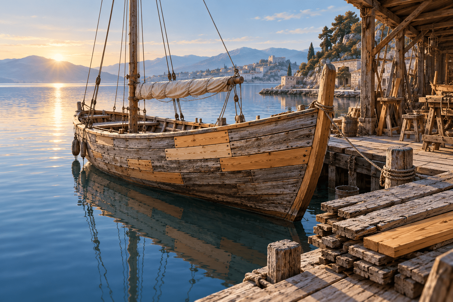 A wooden sailing boat with fresh replacement planks beside old boards on a quiet harbor dock.