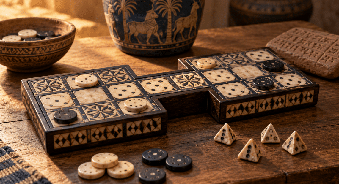 AI-assisted interpretive illustration of an ancient Mesopotamian game board, counters, dice and a clay tablet.