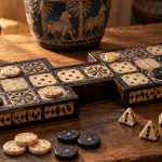 AI-assisted interpretive illustration of an ancient Mesopotamian game board, counters, dice and a clay tablet.