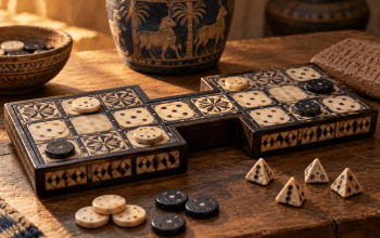 AI-assisted interpretive illustration of an ancient Mesopotamian game board, counters, dice and a clay tablet.