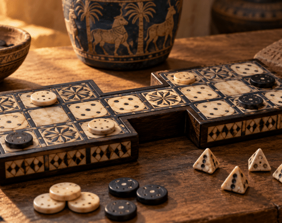 AI-assisted interpretive illustration of an ancient Mesopotamian game board, counters, dice and a clay tablet.