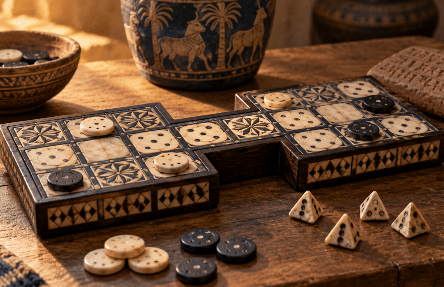 AI-assisted interpretive illustration of an ancient Mesopotamian game board, counters, dice and a clay tablet.