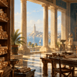 Papyrus scrolls and reading tables in an imagined ancient Alexandrian library overlooking the sea.