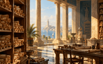 Papyrus scrolls and reading tables in an imagined ancient Alexandrian library overlooking the sea.