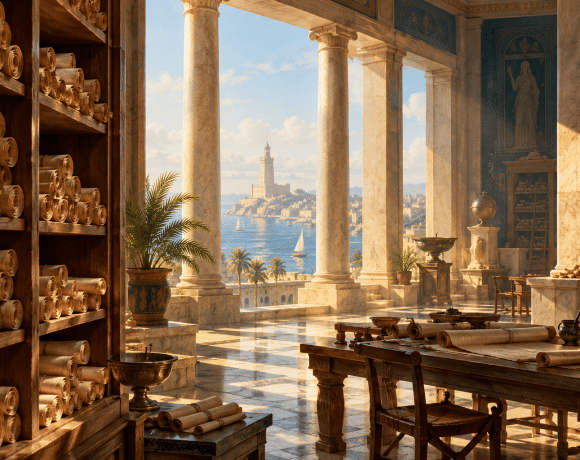 Papyrus scrolls and reading tables in an imagined ancient Alexandrian library overlooking the sea.