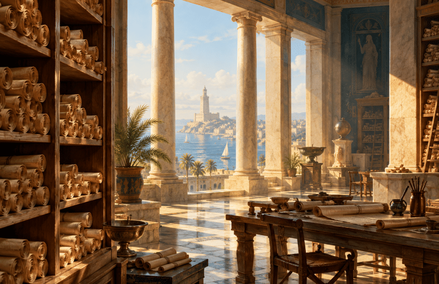 Papyrus scrolls and reading tables in an imagined ancient Alexandrian library overlooking the sea.
