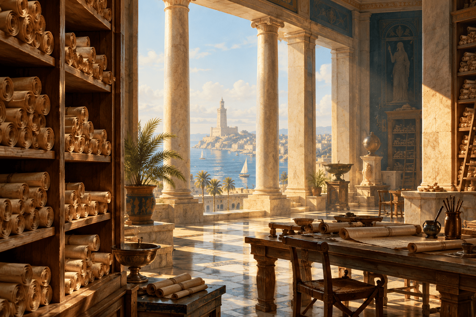Papyrus scrolls and reading tables in an imagined ancient Alexandrian library overlooking the sea.