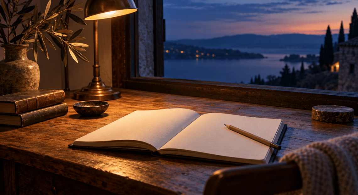An open blank notebook and pencil beneath a warm lamp beside a window at dusk.