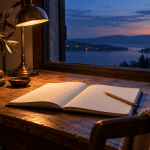 An open blank notebook and pencil beneath a warm lamp beside a window at dusk.