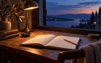 An open blank notebook and pencil beneath a warm lamp beside a window at dusk.