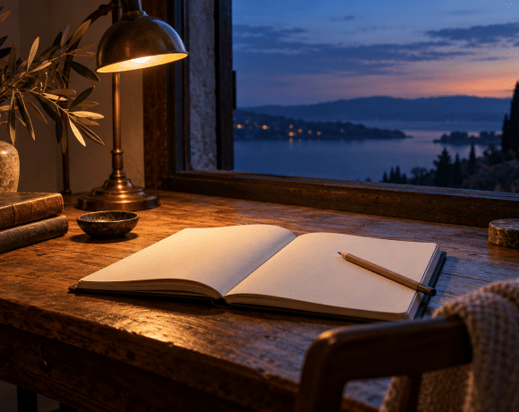 An open blank notebook and pencil beneath a warm lamp beside a window at dusk.