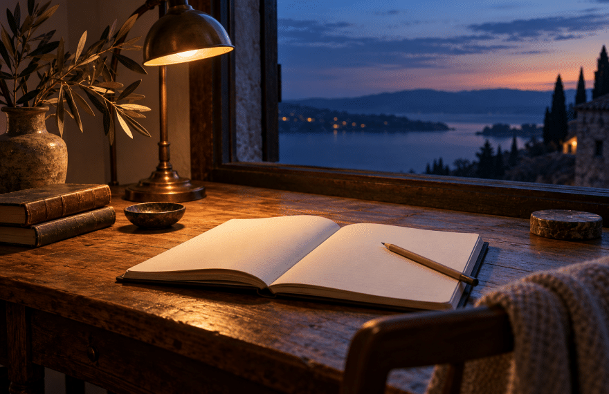 An open blank notebook and pencil beneath a warm lamp beside a window at dusk.