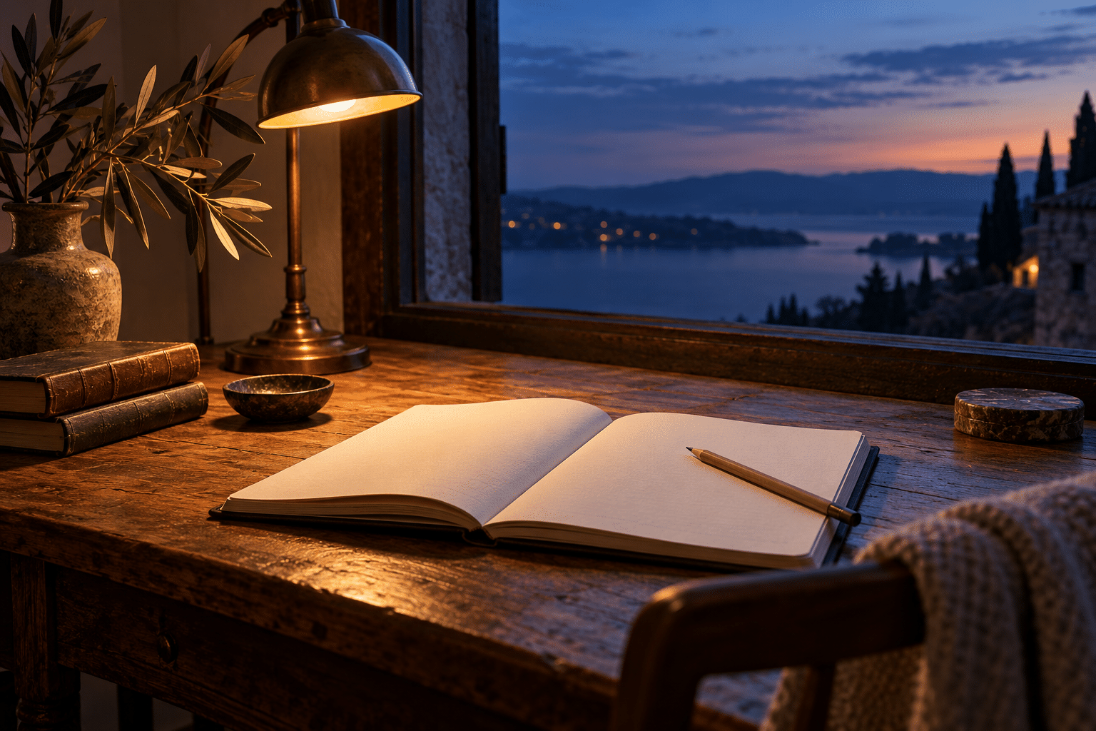 An open blank notebook and pencil beneath a warm lamp beside a window at dusk.