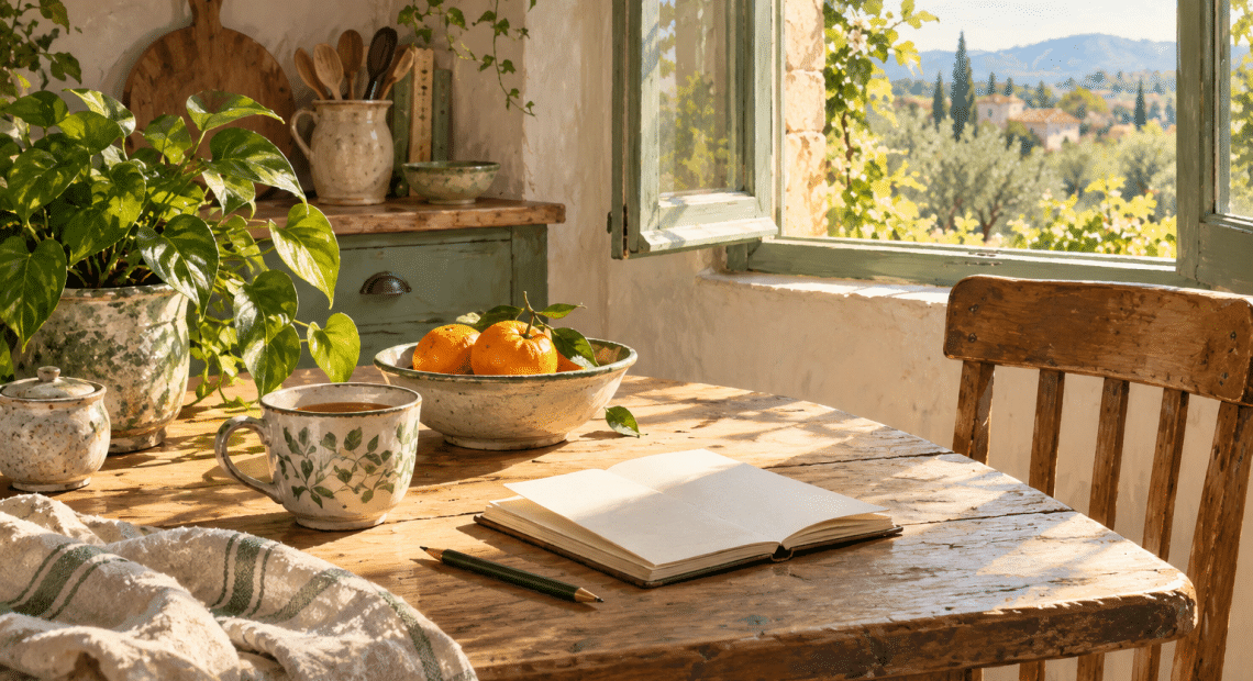 Original illustration of a sunlit kitchen table with a ceramic cup, open notebook, oranges, a leafy plant and folded linen beside an open window.