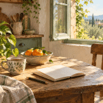 Original illustration of a sunlit kitchen table with a ceramic cup, open notebook, oranges, a leafy plant and folded linen beside an open window.